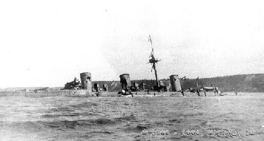 The Russian light cruiser Novik scuttled after being badly damaged in combat with two Japanese cruisers at Koraskhov Bay (August