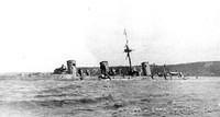 The Russian light cruiser Novik scuttled after being badly damaged in combat with two Japanese cruisers at Koraskhov Bay (August
